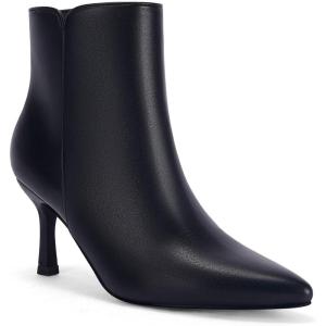 Coutgo Women’s Kitten Heel Booties Pointed Toe Low Stiletto Side Zipper Ankle Boots Shoes(Leather Black)