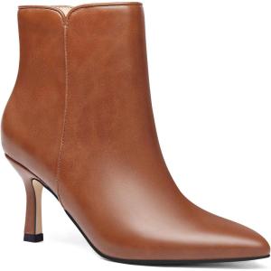 Coutgo Women’s Kitten Heel Booties Pointed Toe Low Stiletto Side Zipper Ankle Boots Shoes(Leather Red-brown)