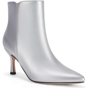 Coutgo Women’s Kitten Heel Booties Pointed Toe Low Stiletto Side Zipper Ankle Boots Shoes(Leather Silver)
