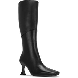 Coutgo Womens Kitten Heel Knee High Boots Wide Calf Square Toe Leather Boot Shoes with Zipper(Black)