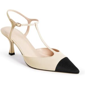 Coutgo Womens Kitten Heels Slingback Pumps Closed Pointed Toe Two Tone Ankle T Strap Office Dress Shoes(Beige)