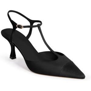 Coutgo Womens Kitten Heels Slingback Pumps Closed Pointed Toe Two Tone Ankle T Strap Office Dress Shoes(Black)