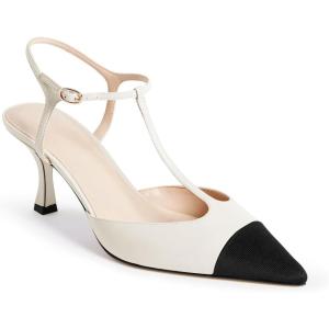 Coutgo Womens Kitten Heels Slingback Pumps Closed Pointed Toe Two Tone Ankle T Strap Office Dress Shoes(White)