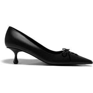 Coutgo Womens Kitten Low Heels Strappy Bow Closed Pointed Toe Slip On Dress Pumps Shoes(Black)