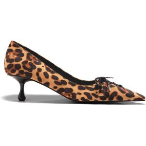 Coutgo Womens Kitten Low Heels Strappy Bow Closed Pointed Toe Slip On Dress Pumps Shoes(Leopard Color)