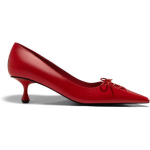 Coutgo Womens Kitten Low Heels Strappy Bow Closed Pointed Toe Slip On Dress Pumps Shoes(Red)