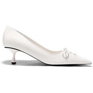 Coutgo Womens Kitten Low Heels Strappy Bow Closed Pointed Toe Slip On Dress Pumps Shoes(White)