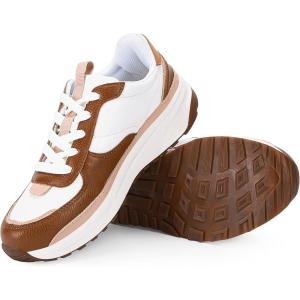 Coutgo Womens Lace Up Platform Sneakers Trendy Athletic Tennis Faux Leather Suede Neutral Comfortable Walking Shoes(Brown)