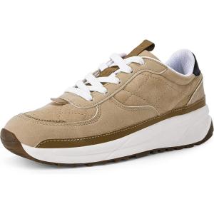 Coutgo Womens Lace Up Platform Sneakers Trendy Athletic Tennis Faux Leather Suede Neutral Comfortable Walking Shoes(Khaki)