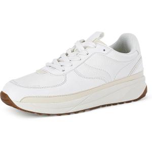 Coutgo Womens Lace Up Platform Sneakers Trendy Athletic Tennis Faux Leather Suede Neutral Comfortable Walking Shoes(Pure White)
