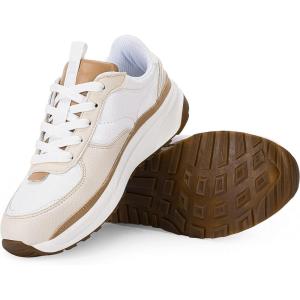 Coutgo Womens Lace Up Platform Sneakers Trendy Athletic Tennis Faux Leather Suede Neutral Comfortable Walking Shoes(White)