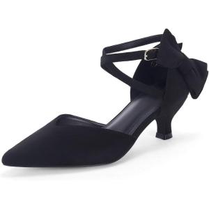 Coutgo Womens Low Kitten Heel Bow Heels Dress Shoes Closed Pointed Toe Ankle Strap Elegant Wedding Party Pumps(Black)