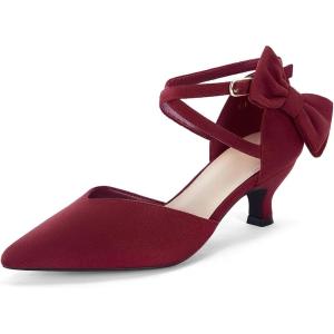 Coutgo Womens Low Kitten Heel Bow Heels Dress Shoes Closed Pointed Toe Ankle Strap Elegant Wedding Party Pumps(Burgundy)