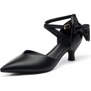 Coutgo Womens Low Kitten Heel Bow Heels Dress Shoes Closed Pointed Toe Ankle Strap Elegant Wedding Party Pumps(Cool Black)