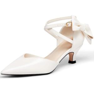 Coutgo Womens Low Kitten Heel Bow Heels Dress Shoes Closed Pointed Toe Ankle Strap Elegant Wedding Party Pumps(Cream White Pu)