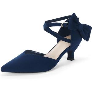 Coutgo Womens Low Kitten Heel Bow Heels Dress Shoes Closed Pointed Toe Ankle Strap Elegant Wedding Party Pumps(Navy)