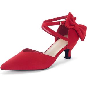 Coutgo Womens Low Kitten Heel Bow Heels Dress Shoes Closed Pointed Toe Ankle Strap Elegant Wedding Party Pumps(Red)