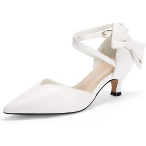 Coutgo Womens Low Kitten Heel Bow Heels Dress Shoes Closed Pointed Toe Ankle Strap Elegant Wedding Party Pumps(White)