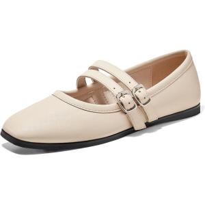 Coutgo Womens Mary Jane Flats Shoes Dressy Comfortable Square Toe Double Strap Soft Work Slip on Ballet Flat(Beige)
