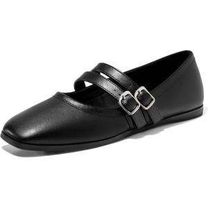 Coutgo Womens Mary Jane Flats Shoes Dressy Comfortable Square Toe Double Strap Soft Work Slip on Ballet Flat(Black)