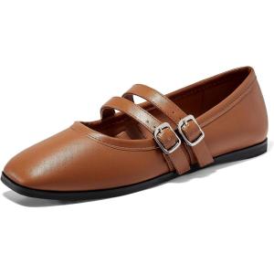 Coutgo Womens Mary Jane Flats Shoes Dressy Comfortable Square Toe Double Strap Soft Work Slip on Ballet Flat(Brown)