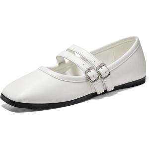 Coutgo Womens Mary Jane Flats Shoes Dressy Comfortable Square Toe Double Strap Soft Work Slip on Ballet Flat(White)