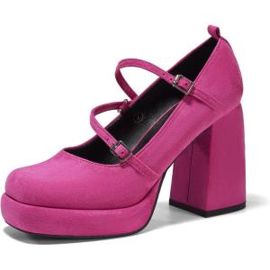 Coutgo Womens Mary Jane Heels Chunky Platform Loafer Shoes Block Heel Closed Square Toe Pumps Cross Strap High Heel Dress Shoes(Hot Pink)