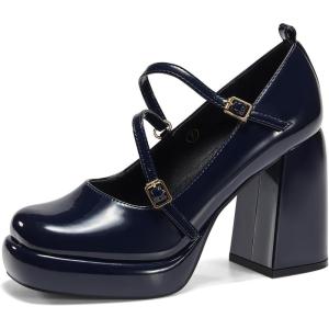 Coutgo Womens Mary Jane Heels Chunky Platform Loafer Shoes Block Heel Closed Square Toe Pumps Cross Strap High Heel Dress Shoes(Navy)