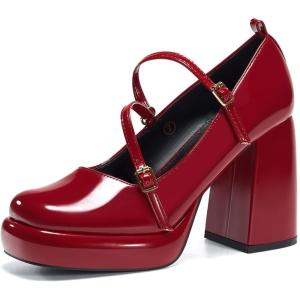 Coutgo Womens Mary Jane Heels Chunky Platform Loafer Shoes Block Heel Closed Square Toe Pumps Cross Strap High Heel Dress Shoes(Red)