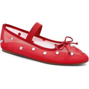 Coutgo Womens Mesh Ballet Flats Crystal Rhinestone Studded Comfortable Mary Jane Dress Shoes(Red)