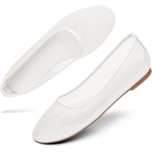 Coutgo Womens Mesh Ballet Flats Slip on Ballerina Flats Comfortable Casual Work Dress Shoes(White)