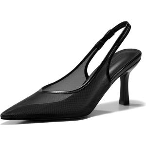 Coutgo Womens Mesh Slingback Kitten Heels Pointed Toe Low Heel Pumps Sexy Dress Shoes(Black)