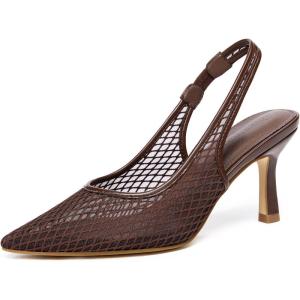 Coutgo Womens Mesh Slingback Kitten Heels Pointed Toe Low Heel Pumps Sexy Dress Shoes(Brown)