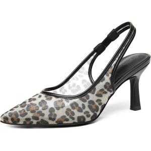 Coutgo Womens Mesh Slingback Kitten Heels Pointed Toe Low Heel Pumps Sexy Dress Shoes(Leopard)