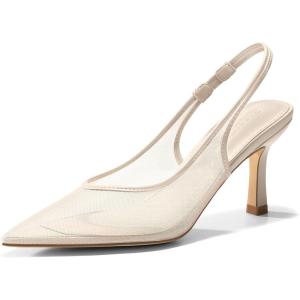 Coutgo Womens Mesh Slingback Kitten Heels Pointed Toe Low Heel Pumps Sexy Dress Shoes(Nude)