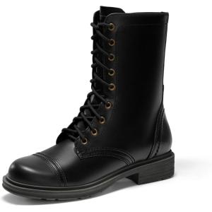 Coutgo Womens Mid Calf Combat Boots Low Heel Lace Up Round Toe Military Boots Fall Shoes with Side Zipper(Black)