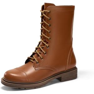 Coutgo Womens Mid Calf Combat Boots Low Heel Lace Up Round Toe Military Boots Fall Shoes with Side Zipper(Brown)