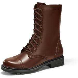 Coutgo Womens Mid Calf Combat Boots Low Heel Lace Up Round Toe Military Boots Fall Shoes with Side Zipper(Coffee)