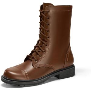 Coutgo Womens Mid Calf Combat Boots Low Heel Lace Up Round Toe Military Boots Fall Shoes with Side Zipper(Dark Brown)