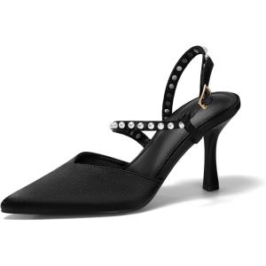 Coutgo Womens Pearl High Heels Closed Pointed Toe Wedding Bride Dress Shoes Ankle Strap Satin Pumps(Black)