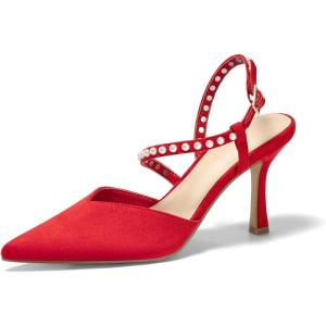 Coutgo Womens Pearl High Heels Closed Pointed Toe Wedding Bride Dress Shoes Ankle Strap Satin Pumps(Red)
