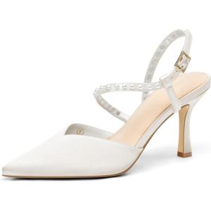 Coutgo Womens Pearl High Heels Closed Pointed Toe Wedding Bride Dress Shoes Ankle Strap Satin Pumps(White)