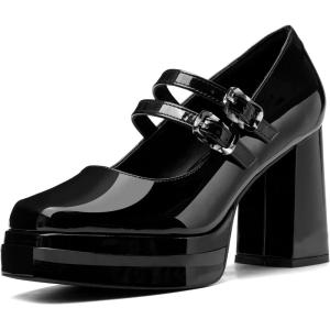 Coutgo Women’s Platform Mary Jane Pumps Two Strap Square Toe Chunky Block Heel Sandals Party Shoes(Black)