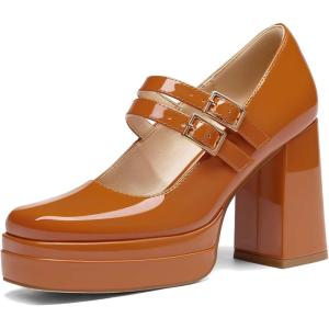 Coutgo Women’s Platform Mary Jane Pumps Two Strap Square Toe Chunky Block Heel Sandals Party Shoes(Brown)