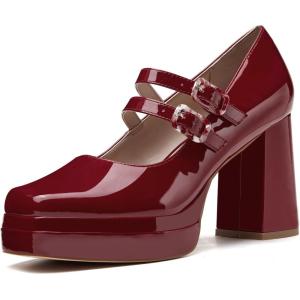 Coutgo Women’s Platform Mary Jane Pumps Two Strap Square Toe Chunky Block Heel Sandals Party Shoes(Deep Red)