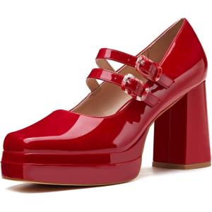 Coutgo Women’s Platform Mary Jane Pumps Two Strap Square Toe Chunky Block Heel Sandals Party Shoes(Red)