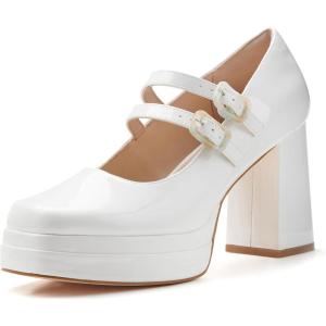 Coutgo Women’s Platform Mary Jane Pumps Two Strap Square Toe Chunky Block Heel Sandals Party Shoes(White)