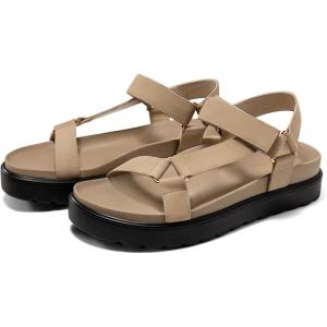 Coutgo Womens Platform Sandals Comfortable Arch Support Footbed Adjustable Ankle Strap Summer Beach Flat Sandals(Khaki/Suede)