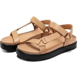 Coutgo Womens Platform Sandals Comfortable Arch Support Footbed Adjustable Ankle Strap Summer Beach Flat Sandals(Light Brown/Pu)