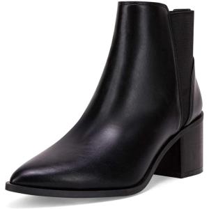 Coutgo Womens Pointed Toe Ankle Boots Elastic Chunky Block Stacked Mid Heel Slip On Chelsea Booties(A-black)
